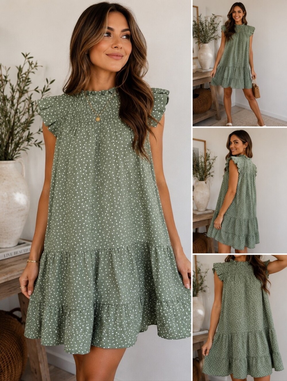 Monteau Los Angeles Sage Green Swiss Dot Babydoll Mini Dress XS Ruffle Sleeve